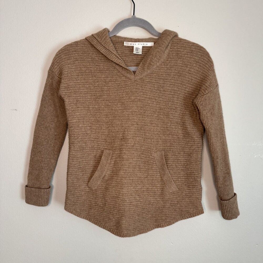 Wool Yak Hair Hoodie Sweater Max Studio Brown Knit Pullover XS Luxury Warm Soft